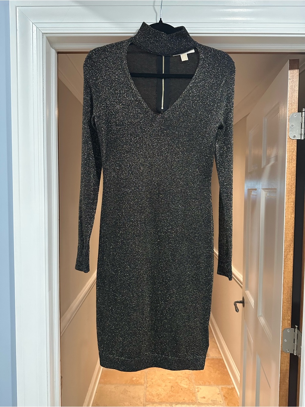 Michael Kors Metallic Black Long-Sleeve V-Neck Sweater Dress